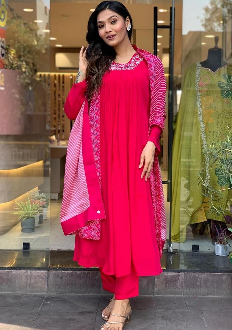 Hot Pink Embroidered Viscose Silk Kurta Set