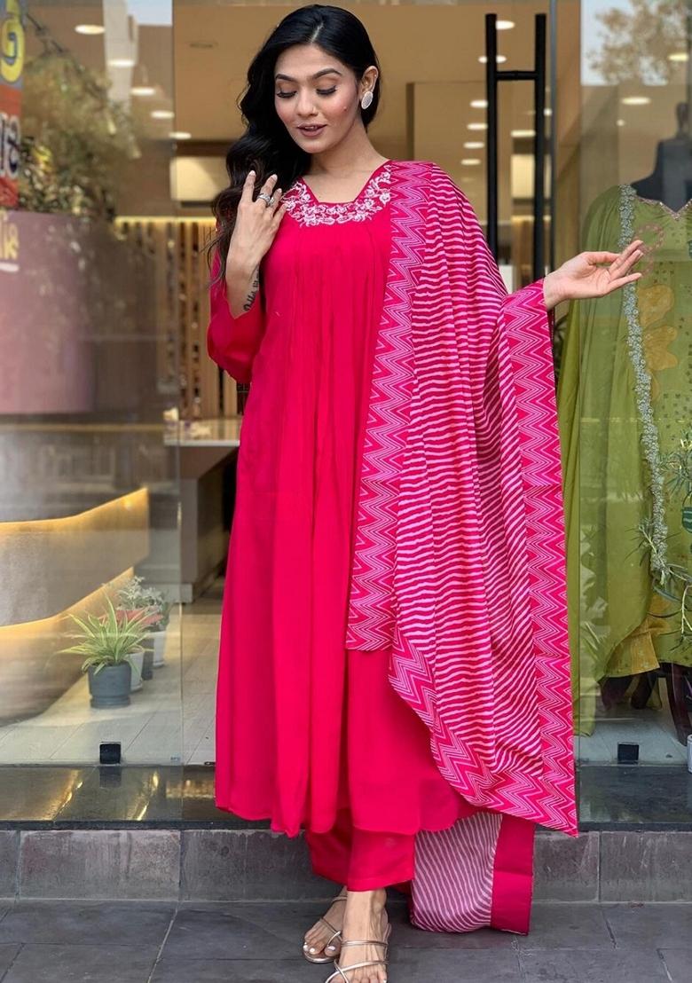 Hot Pink Embroidered Viscose Silk Kurta Set