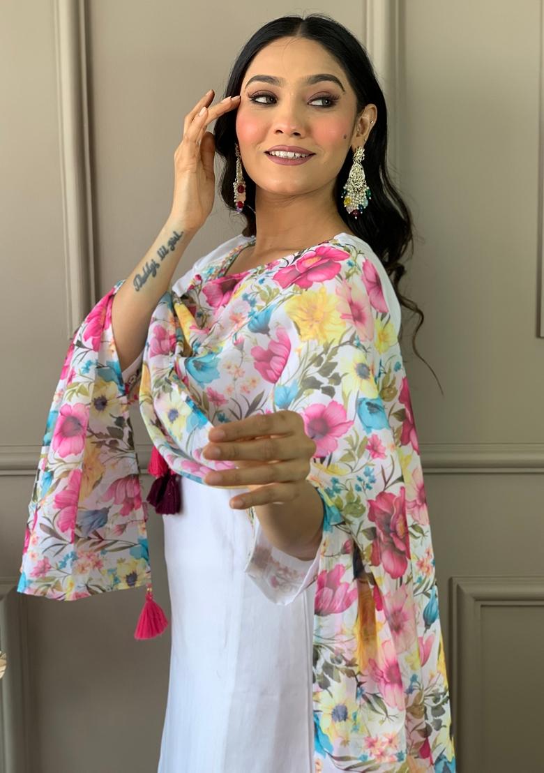 White Embroidered Chanderi Cotton Kurta Set