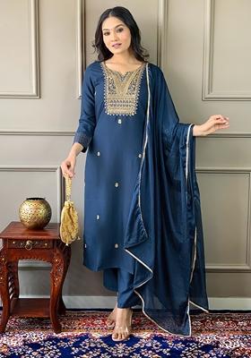 Navy Blue Embroidered Rayon Kurta Set