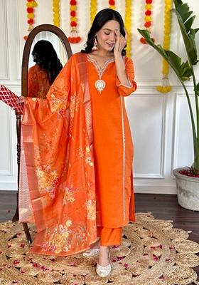 Orange Embroidered Chanderi Viscose Kurta Set