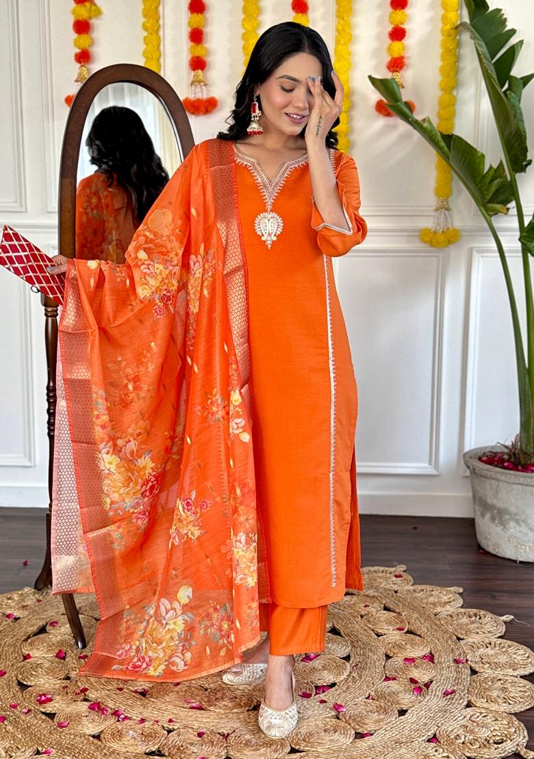 Orange Embroidered Chanderi Viscose Kurta Set