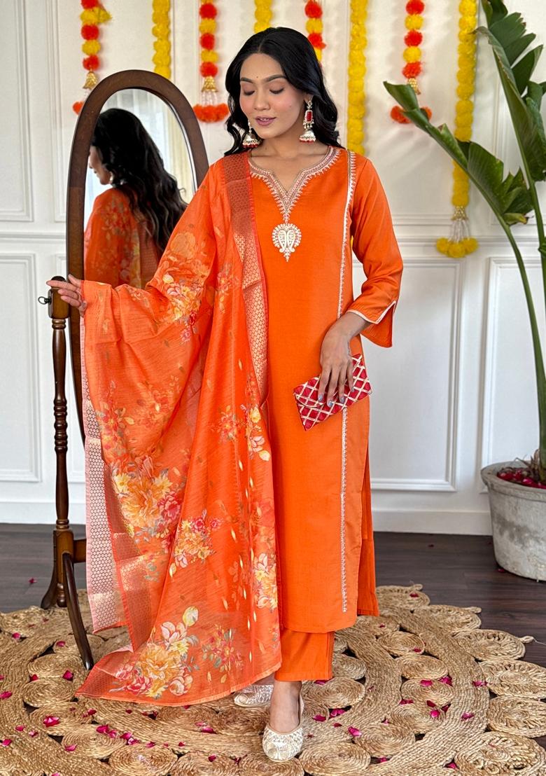 Orange Embroidered Chanderi Viscose Kurta Set