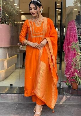Orange Embroidered Chanderi Viscose Kurta Set