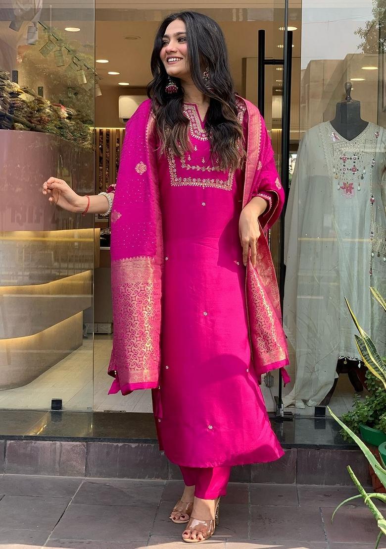 Rani Pink Embroidered Chanderi Viscose Kurta Set