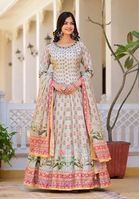 Pista Green Digital Print Dola Silk Anarkali Set