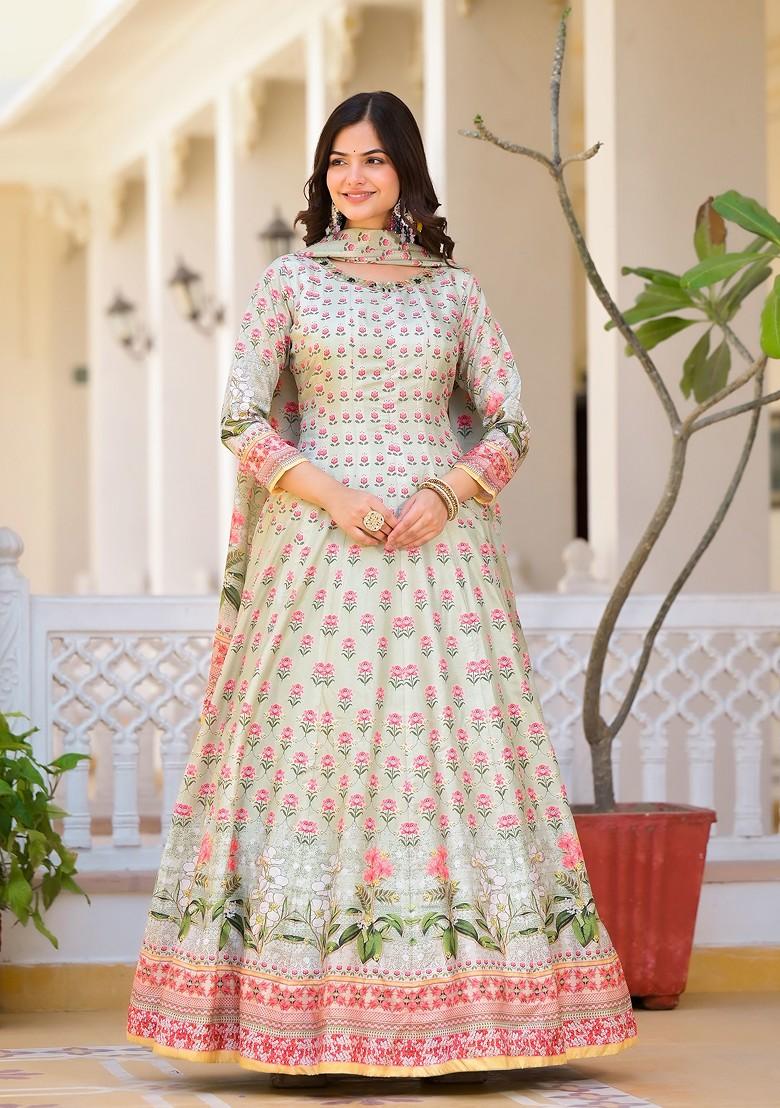 Pista Green Digital Print Dola Silk Anarkali Set