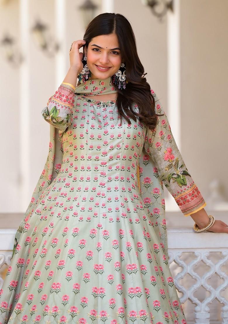 Pista Green Digital Print Dola Silk Anarkali Set