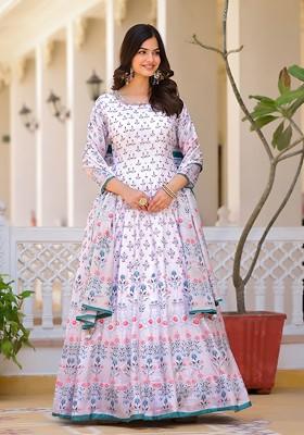 White Digital Print Dola Silk Anarkali Set