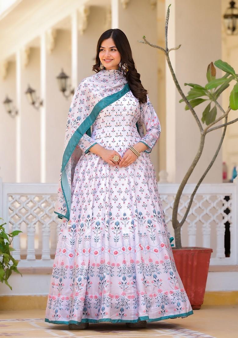 White Digital Print Dola Silk Anarkali Set