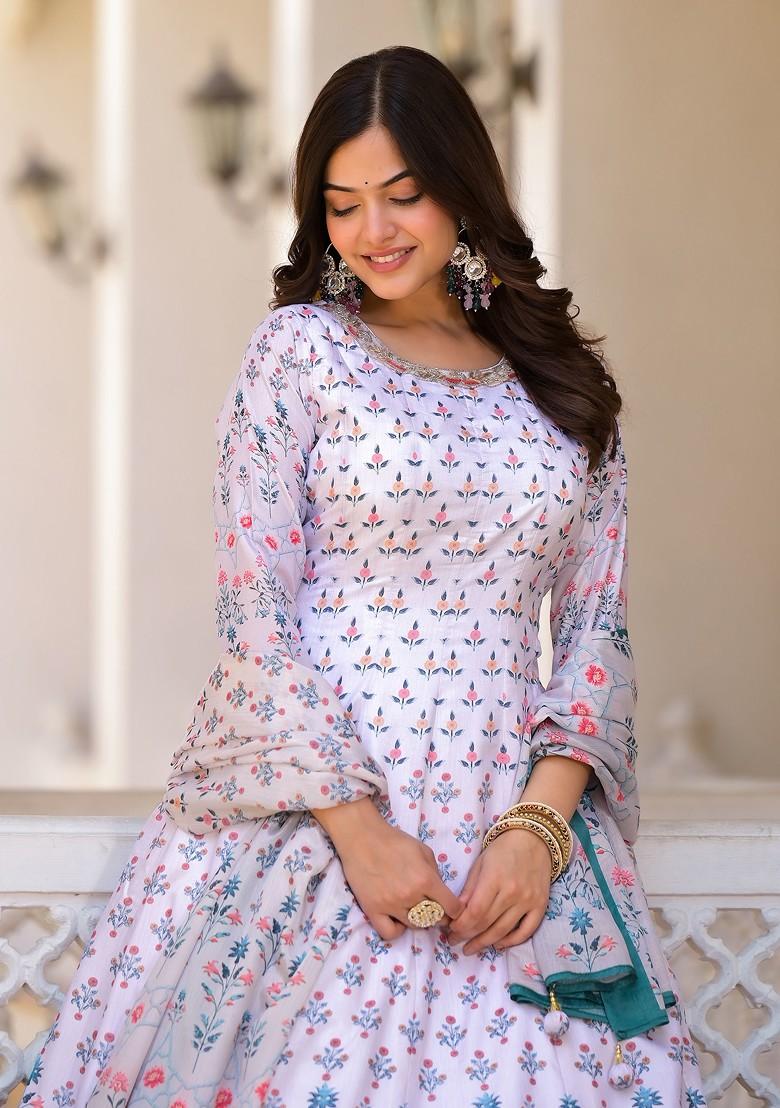 White Digital Print Dola Silk Anarkali Set