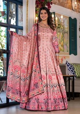 Peach Digital Print Dola Silk Anarkali Set