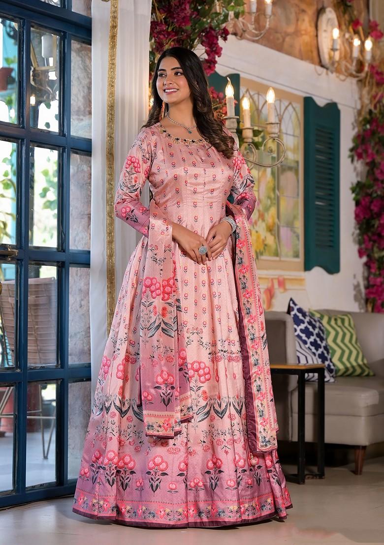 Peach Digital Print Dola Silk Anarkali Set