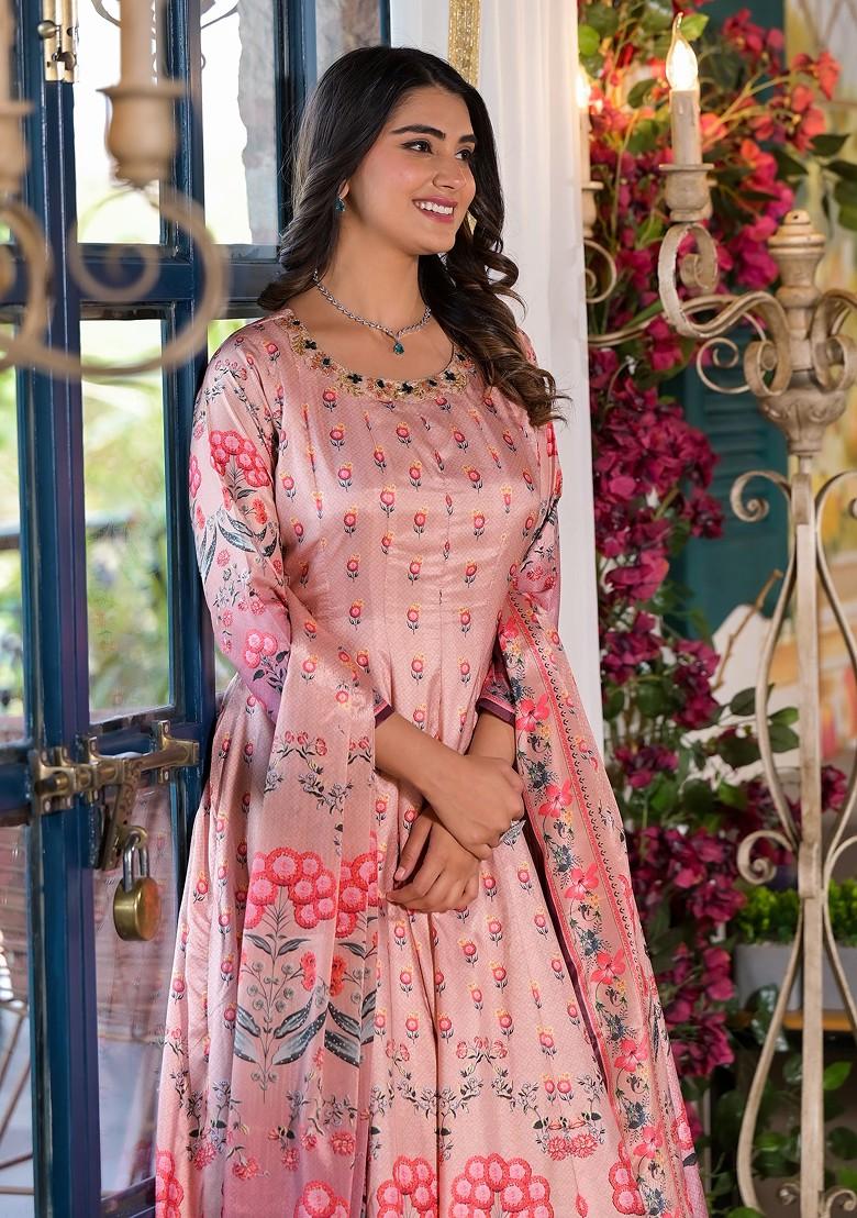 Peach Digital Print Dola Silk Anarkali Set