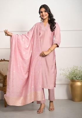 Peach Embroidered Viscose Chanderi Kurta Set