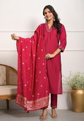 Red Embroidered Viscose Chanderi Kurta Set