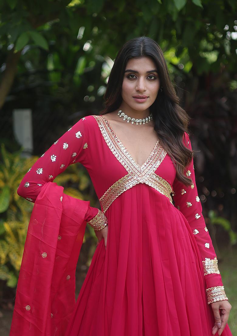 Pink Zari Sequin Embroidered Faux Blooming Kurta Set