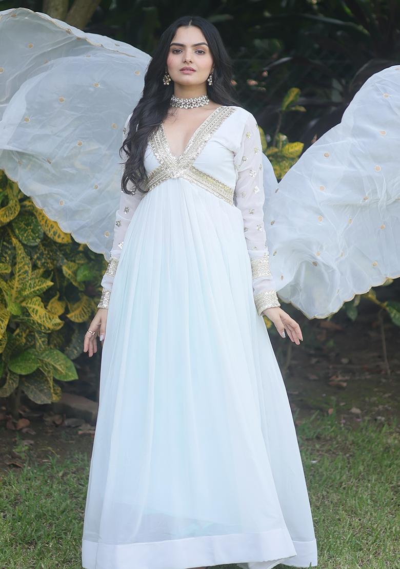 White Zari Sequin Embroidered Faux Blooming Kurta Set
