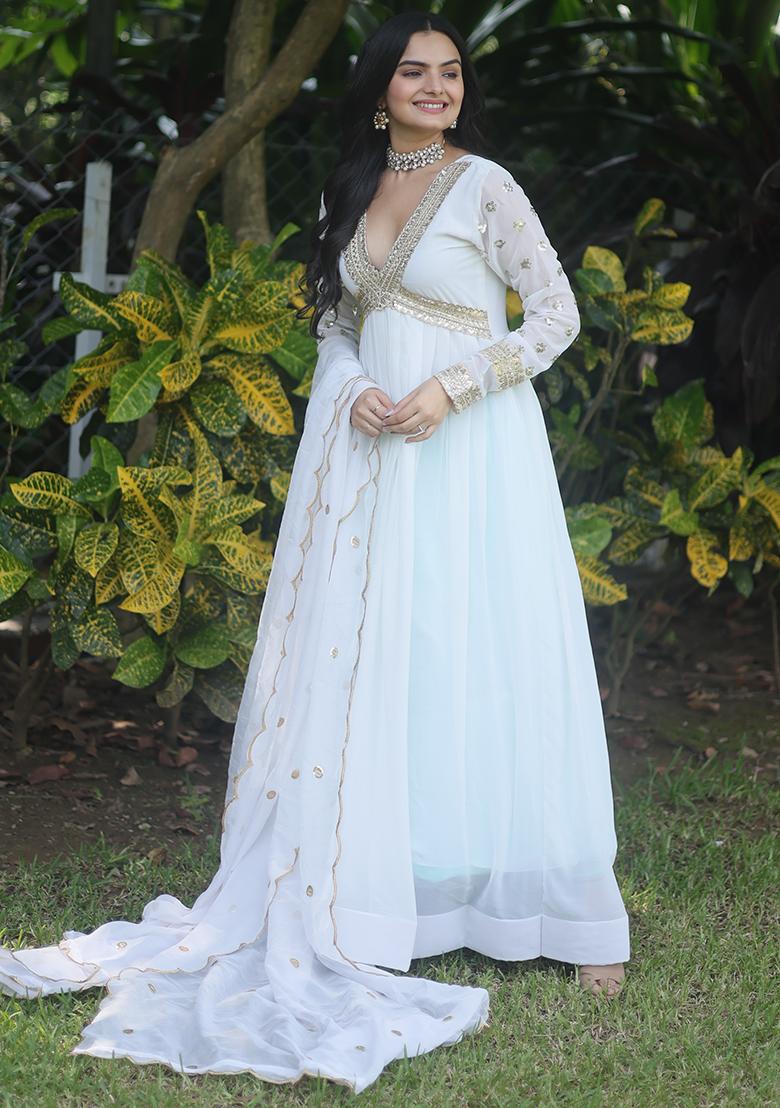 White Zari Sequin Embroidered Faux Blooming Kurta Set