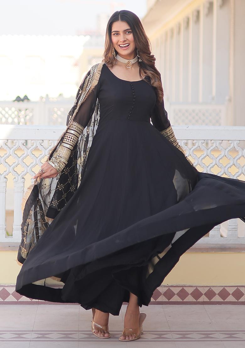 Black Zari Sequin Embroidered Faux Blooming Kurta Set
