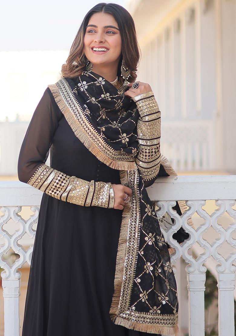 Black Zari Sequin Embroidered Faux Blooming Kurta Set
