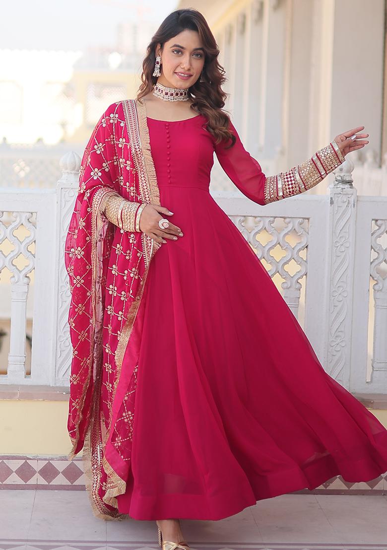 Pink Zari Sequin Embroidered Faux Blooming Kurta Set