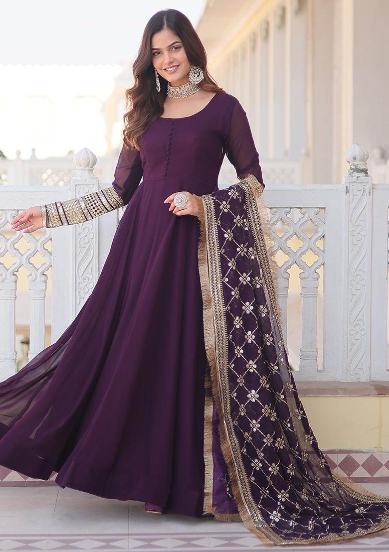 Wine Zari Sequin Embroidered Faux Blooming Kurta Set