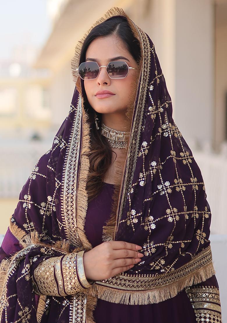 Wine Zari Sequin Embroidered Faux Blooming Kurta Set