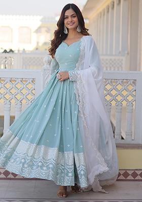 Sky Blue Zari Sequin Embroidered Faux Blooming Kurta Set