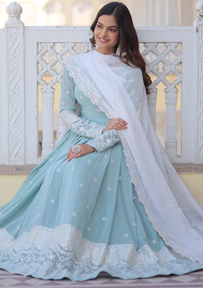Sky Blue Zari Sequin Embroidered Faux Blooming Kurta Set