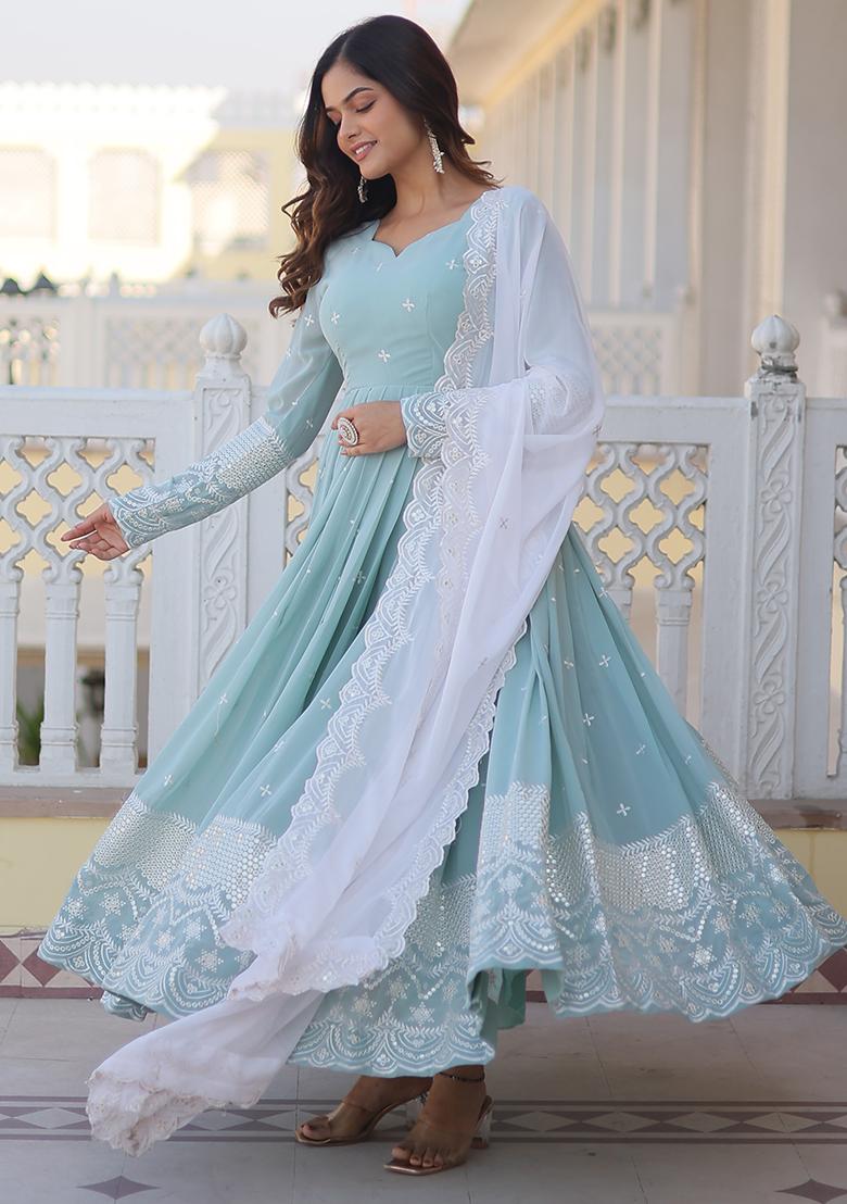 Sky Blue Zari Sequin Embroidered Faux Blooming Kurta Set