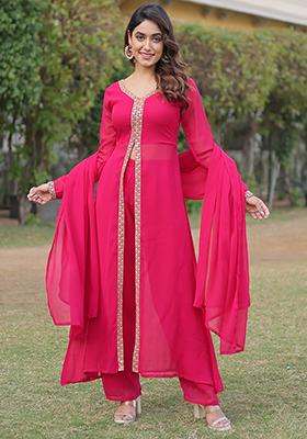 Rani Pink Zari Sequin Embroidered Faux Blooming Kurta Set