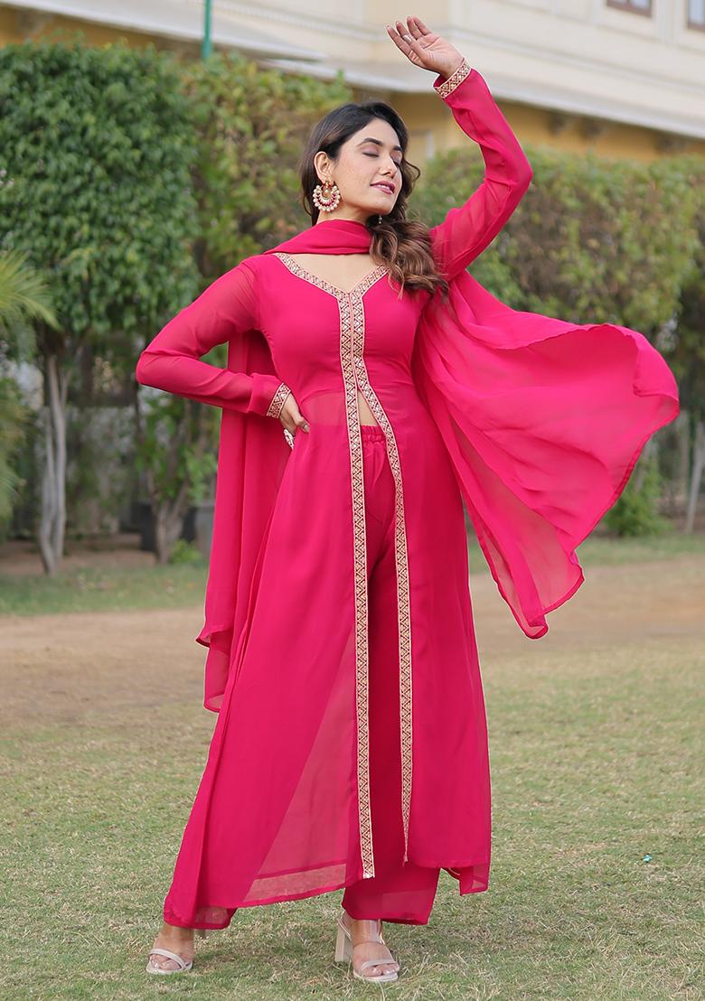 Rani Pink Zari Sequin Embroidered Faux Blooming Kurta Set