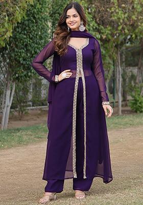 Wine Zari Sequin Embroidered Faux Blooming Kurta Set