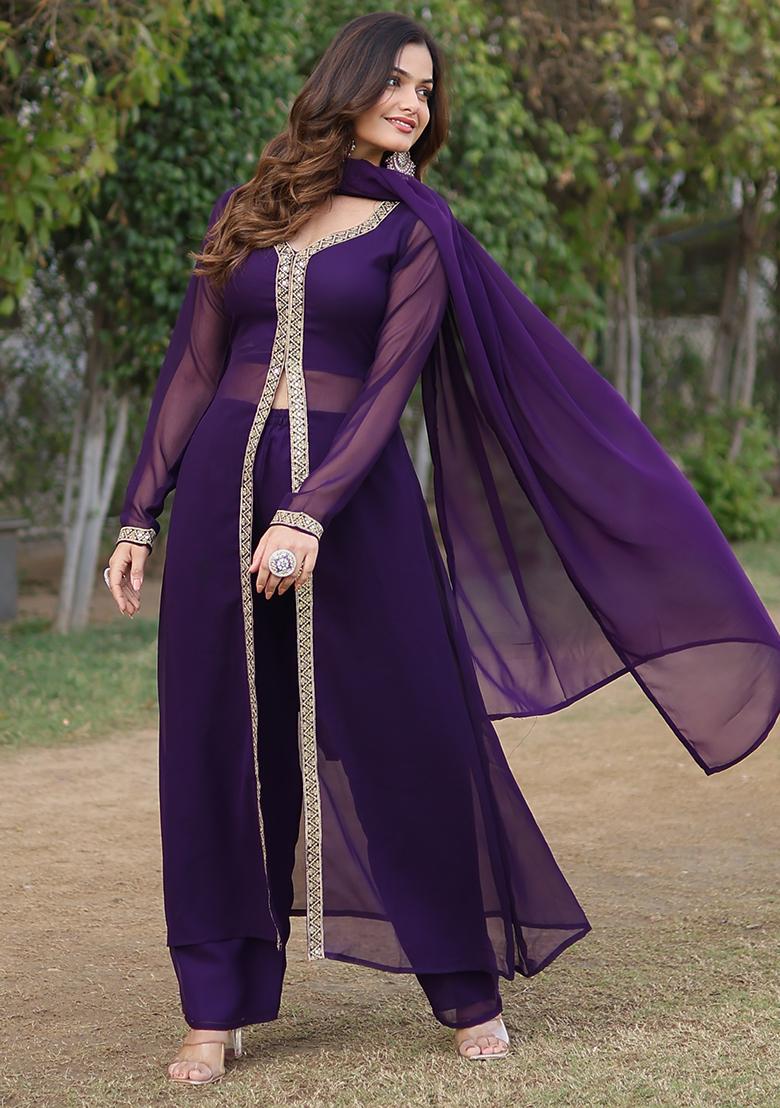 Wine Zari Sequin Embroidered Faux Blooming Kurta Set