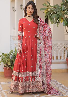 Red Zari Sequin Embroidered Faux Blooming Kurta Set
