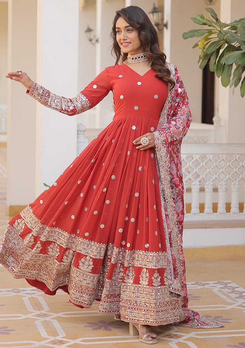 Red Zari Sequin Embroidered Faux Blooming Kurta Set
