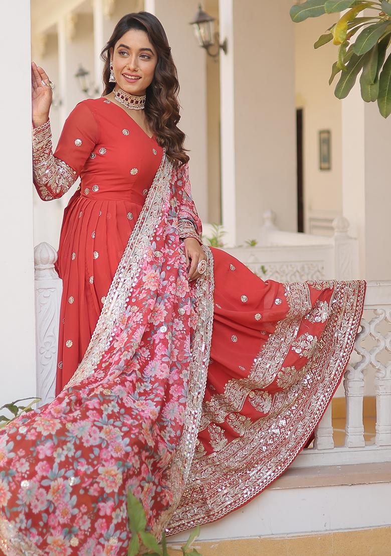 Red Zari Sequin Embroidered Faux Blooming Kurta Set