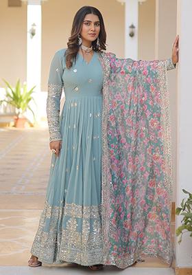 Sky Blue Zari Sequin Embroidered Faux Blooming Kurta Set