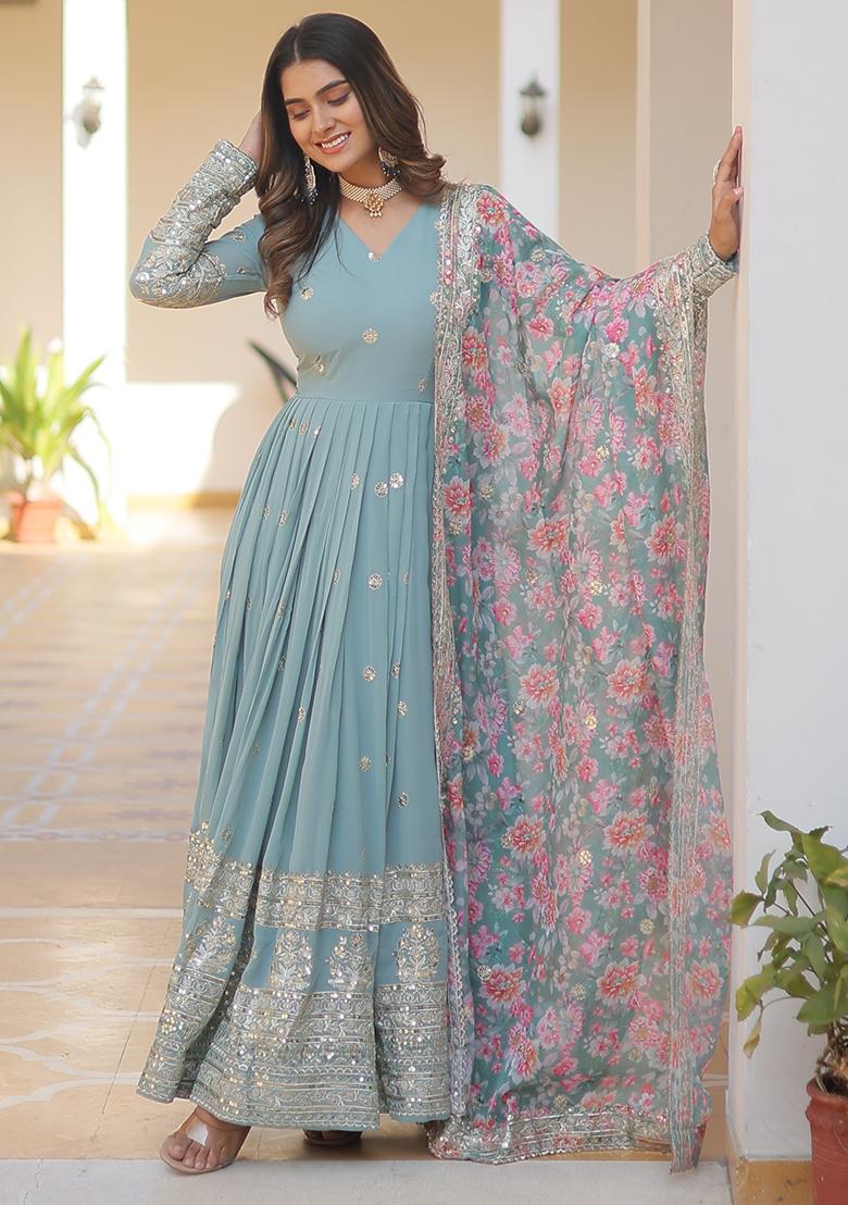 Sky Blue Zari Sequin Embroidered Faux Blooming Kurta Set