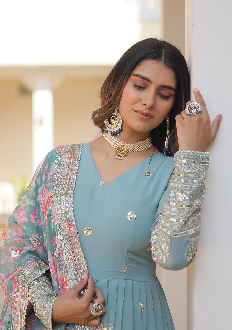 Sky Blue Zari Sequin Embroidered Faux Blooming Kurta Set