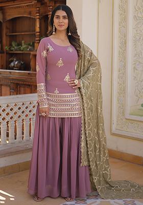 Onion Pink Zari Sequin Embroidered Faux Georgette Kurta Set
