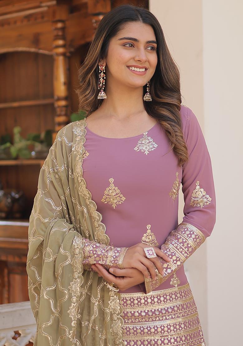 Onion Pink Zari Sequin Embroidered Faux Georgette Kurta Set