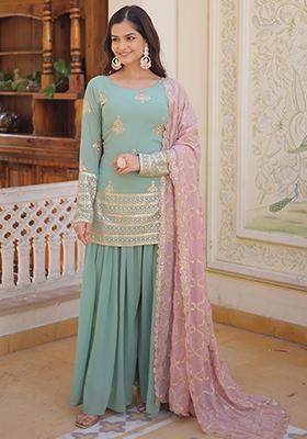 Turquoise Zari Sequin Embroidered Faux Georgette Kurta Set