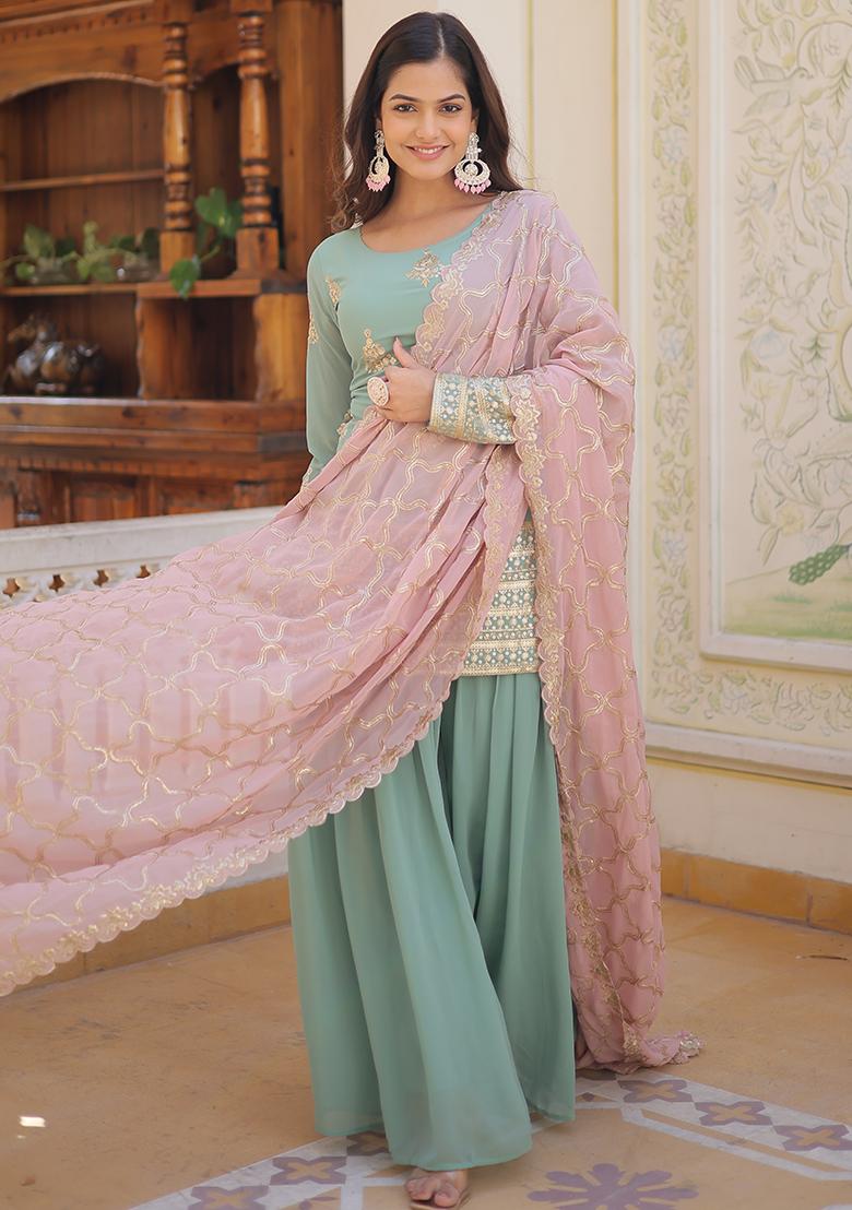 Turquoise Zari Sequin Embroidered Faux Georgette Kurta Set
