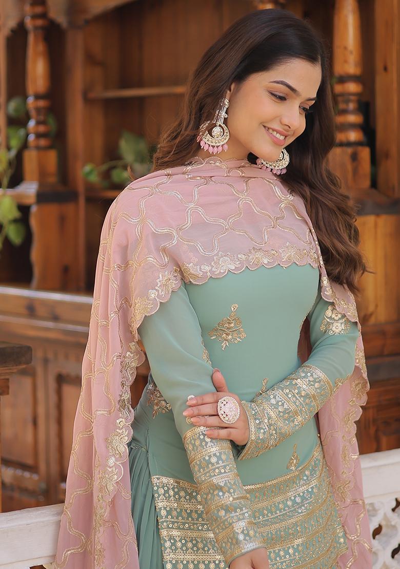 Turquoise Zari Sequin Embroidered Faux Georgette Kurta Set