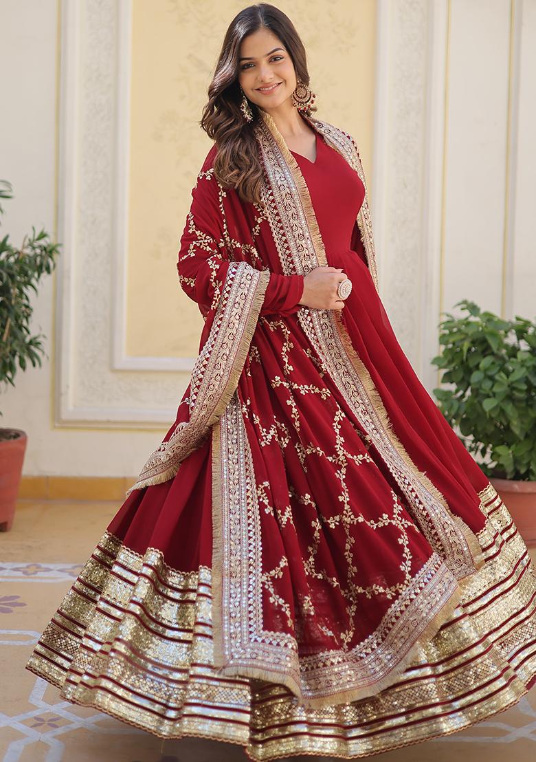 Maroon Zari Sequin Embroidered Faux Blooming Kurta Set