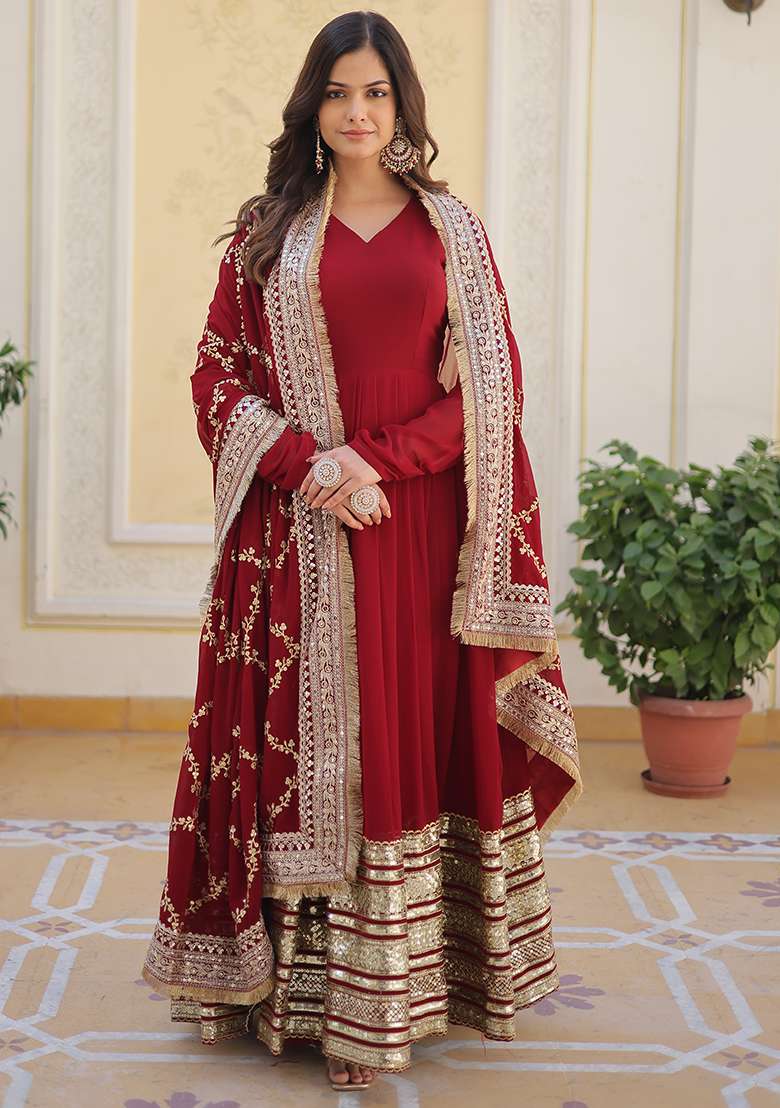 Maroon Embroidered Faux Blooming Anarkali Set - Indya