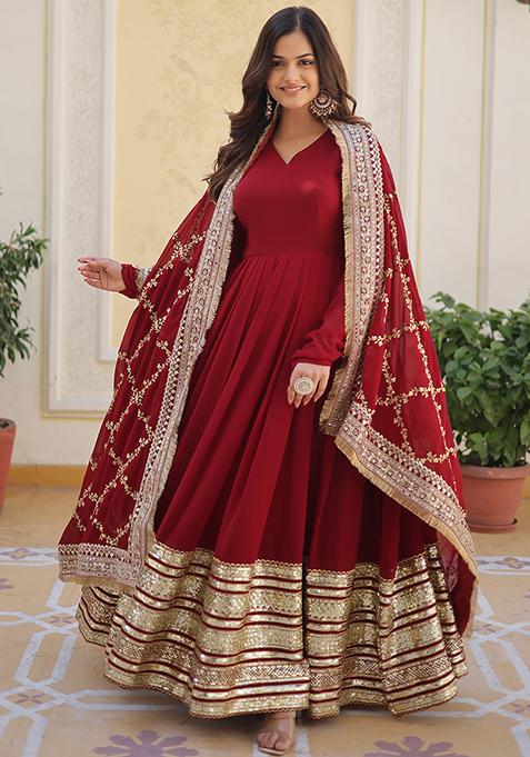Maroon Embroidered Faux Blooming Anarkali Set — view on Indya
