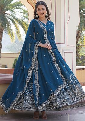 Teal Zari Sequin Embroidered Faux Georgette Kurta Set